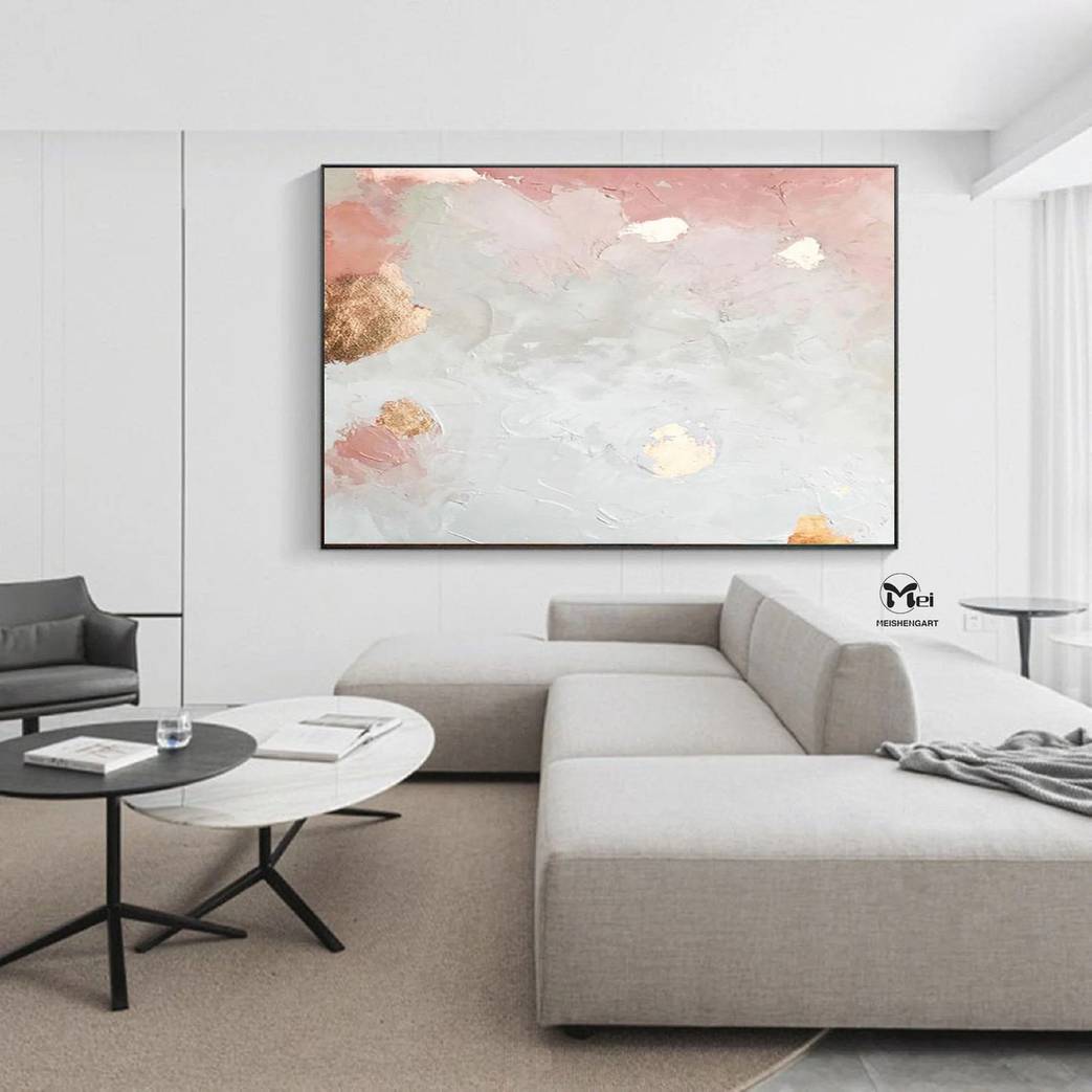 Pink Original Leaf Gold Painting Abstract Canvas Artwork 5YZ7Q